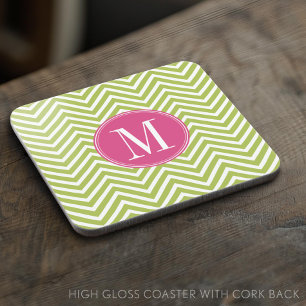 Dessous-de-verre Motif Chevron rose et vert avec Monogramme