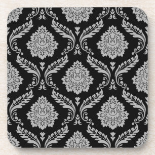 Dessous-de-verre Motif Damassé Rococo Gris sur Fond Noir