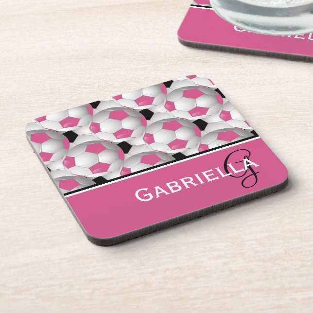 Dessous-de-verre Motif de balle de soccer rose Monogram (Côté gauche)