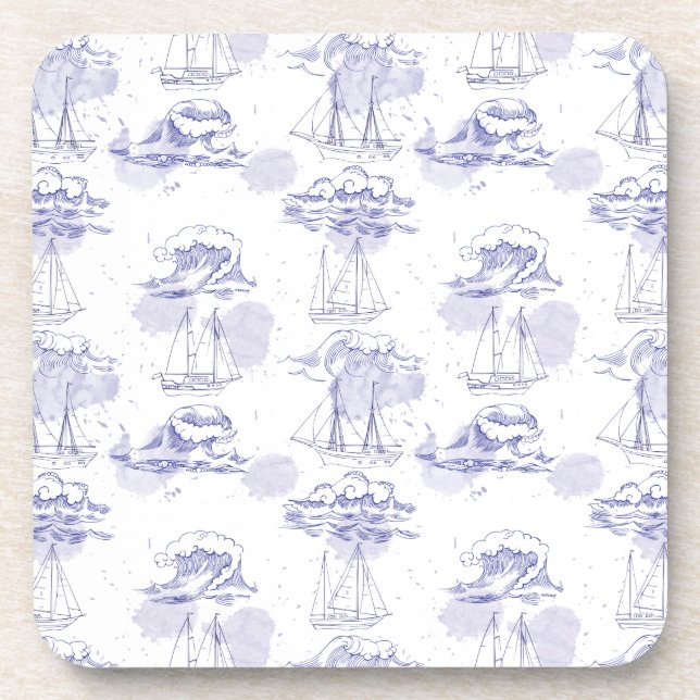 Dessous-de-verre Motif de vagues et de bateaux d'aquarelle (Devant)