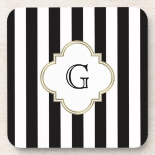 Dessous-de-verre Motif en bande noire et blanche avec Monogramme bl