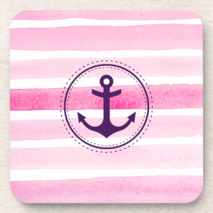Dessous-de-verre Motif et Ancre Nautique rose blanc aquarelles