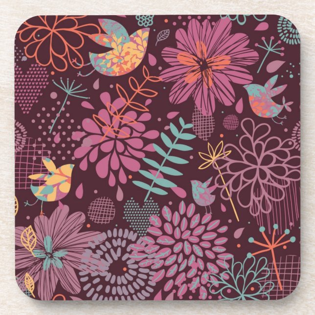 Dessous-de-verre Motif floral abstrait avec des oiseaux (Devant)