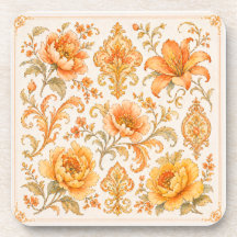 Motif Floral Baroque Vintage – Orange Chaud / Or