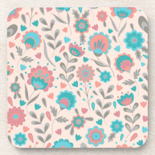 Dessous-de-verre Motif floral d'art populaire turquoise et de