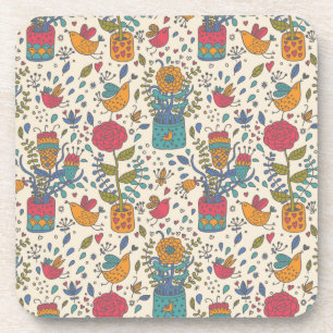 Dessous-de-verre Motif floral de bande dessinée avec les oiseaux 2