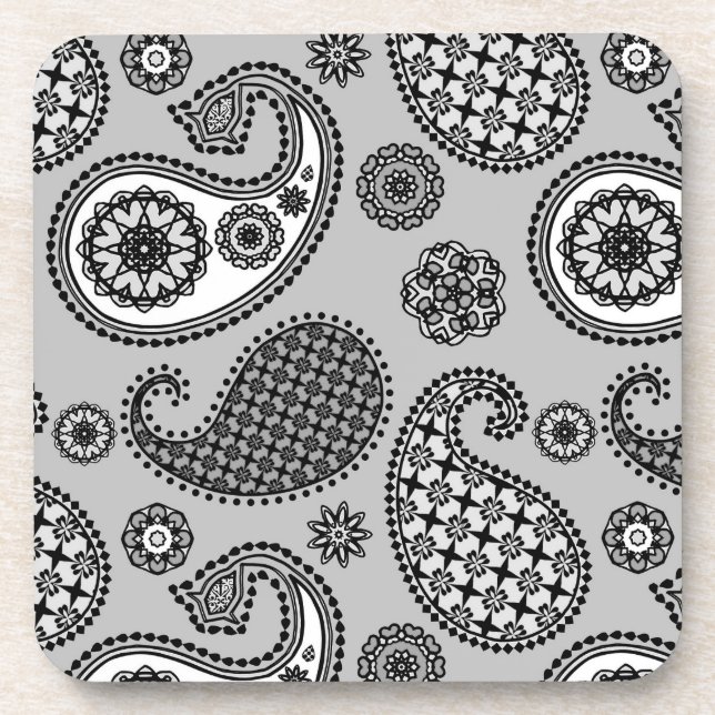 Dessous-de-verre Motif Paisley, tons gris, noir et blanc (Devant)