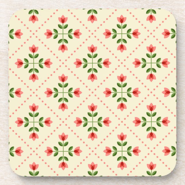 Dessous-de-verre Motif rose et vert floral d'art populaire (Devant)