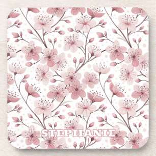 Dessous-de-verre Motif Sakura en fleurs de cerises roses sur blanc