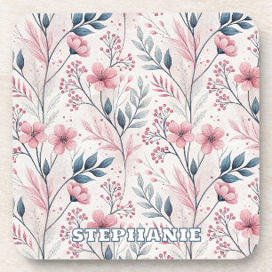 Dessous-de-verre Motif Sakura en fleurs de cerises roses sur blanc