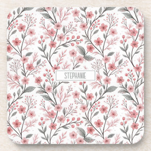 Dessous-de-verre Motif Sakura en fleurs de cerises roses sur blanc