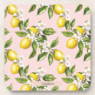 Dessous-de-verre Motif vintage citron et fleurs sur rose (2)
