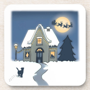 Dessous-de-verre Neige, nuit étoilée, avec chat et Père Noël Sleigh