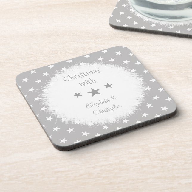 Dessous-de-verre Noel gris et blanc avec étoiles et noms (Côté gauche)