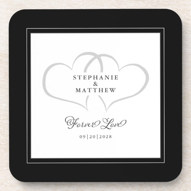 Dessous-de-verre Noir & Blanc Élégant Coeurs de mariage pour toujou (Devant)