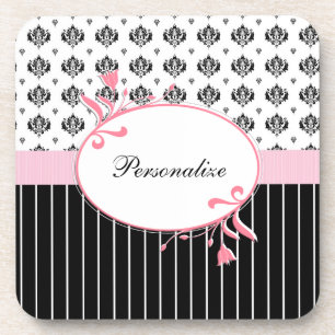 Dessous-de-verre Noir Et Blanc Damas Chic Rose Floral Avec Nom