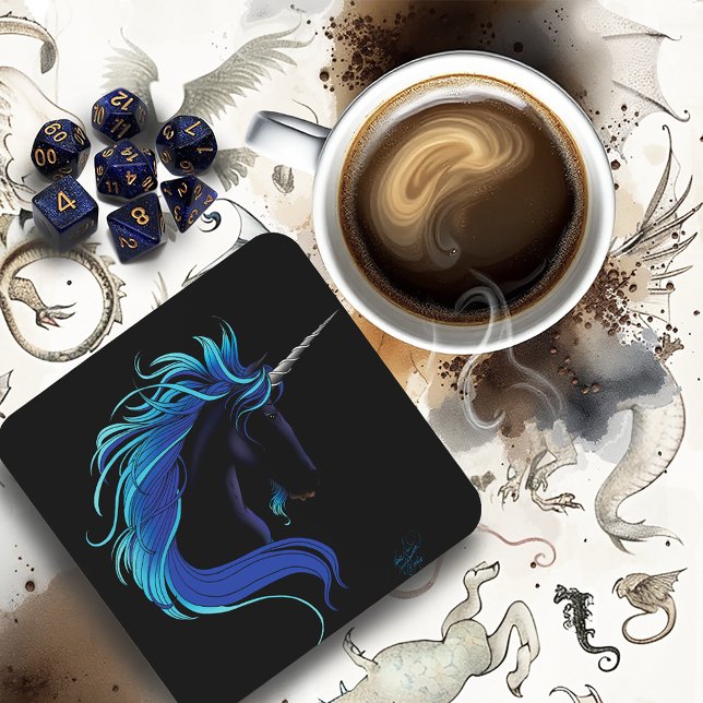 Dessous-de-verre Noir Unicorne Bleu argent (Créateur téléchargé)