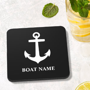 Dessous-de-verre Nom de bateau personnalisé Carré noir et blanc Cor