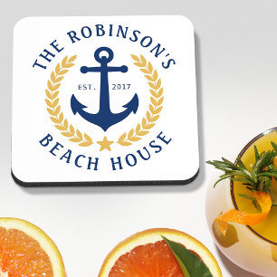 Dessous-de-verre Nom de famille Beach House Ancre Gold Laurel White