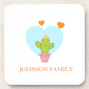 Dessous-de-verre nom de famille personnalisable petit cactus mignon