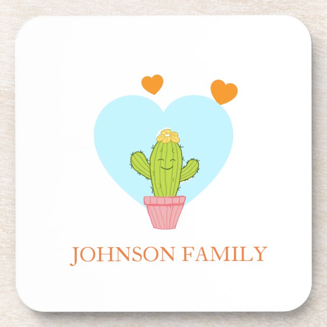 Dessous-de-verre nom de famille personnalisable petit cactus mignon (Devant)