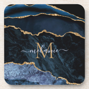 Dessous-de-verre Nom du monogramme Agate Marine Bleu Gold Gemstone 