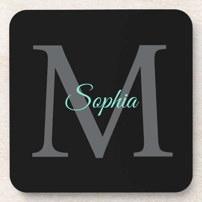 Dessous-de-verre Nom du script turquoise, Monogramme gris grand sur (Devant)