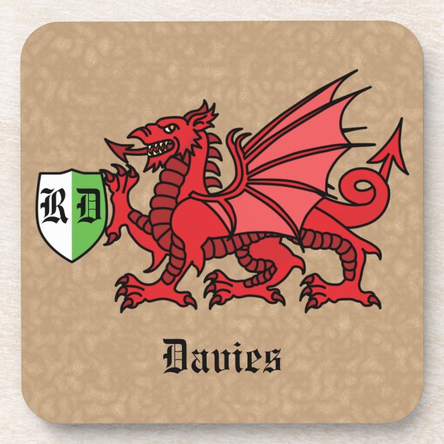 Dessous-de-verre Nom personnalisé Welsh Dragon et monogramme (Devant)