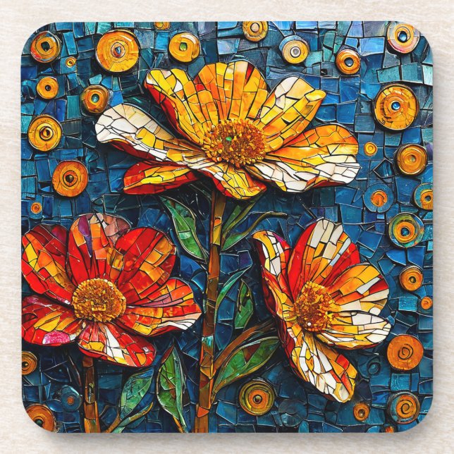 Dessous-de-verre Oeuvre colorée en mosaïque de Fleurs vives (Devant)