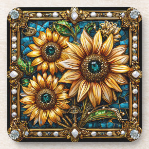 Dessous-de-verre Œuvre d'art de tournesol orné encadrée d'or