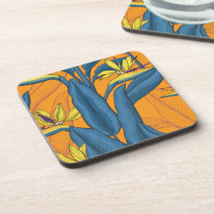 Dessous-de-verre Oiseau de fleurs paradisiaques sur orange