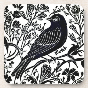 Dessous-de-verre Oiseau sur une branche avec Fleurs en noir et blan
