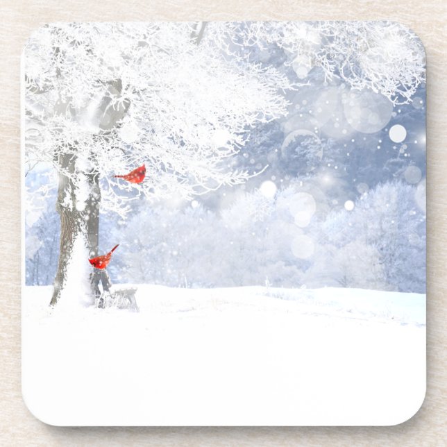 Dessous-de-verre Oiseaux cardinaux rouges Arbres enneigés de Noël (Devant)