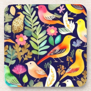 Dessous-de-verre Oiseaux colorés motifs floraux décor bleu