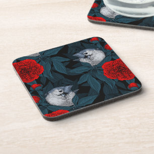 Dessous-de-verre Oiseaux et fleurs de pivoines rouges avec feuilles