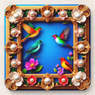 Dessous-de-verre Oiseaux Vibrants Entourés d'un Cadre Floral Orné