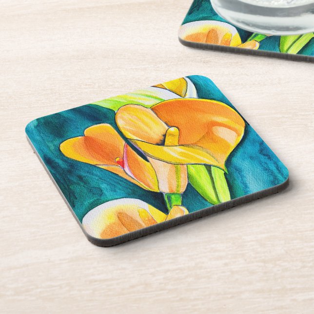 Dessous-de-verre Orange Calla fleurs de laine aquarelle art (Côté gauche)