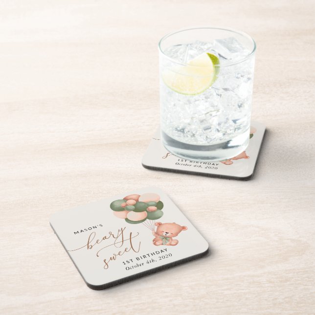 Dessous-de-verre Ours de bébé, Ballons verts, Premier anniversaire (Côté Droit)