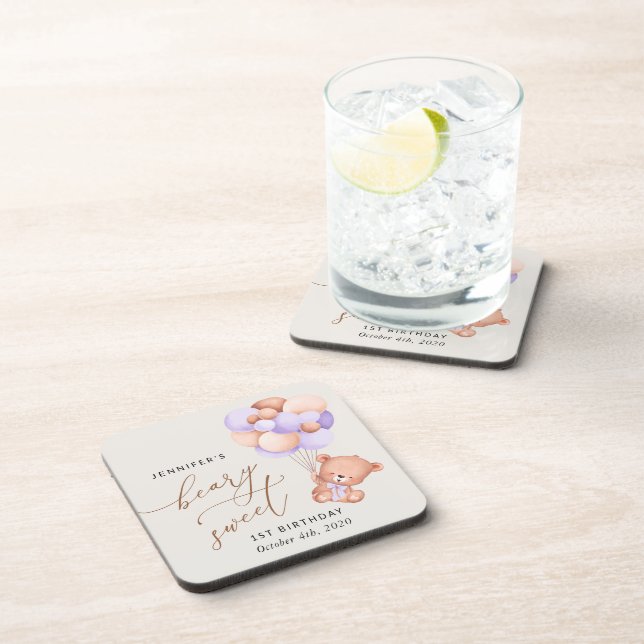 Dessous-de-verre Ours De Bébé, Ballons Violets, Premier Anniversair (Côté Droit)