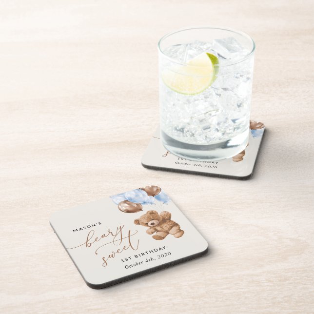 Dessous-de-verre Ours En Joue, Ballons Bleus, Premier Anniversaire (Côté Droit)