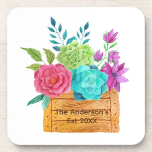 Dessous-de-verre Panier floral personnalisé Fleurs roses bleues ver