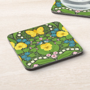 Dessous-de-verre Pansies jaunes, oiseaux et papillons