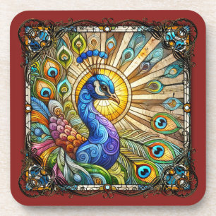 Dessous-de-verre Paon Art Nouveau en Verre Peint Élégant