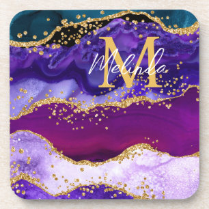 Dessous-de-verre Paon Violet et Bleu Faux Paillettes d'Agate