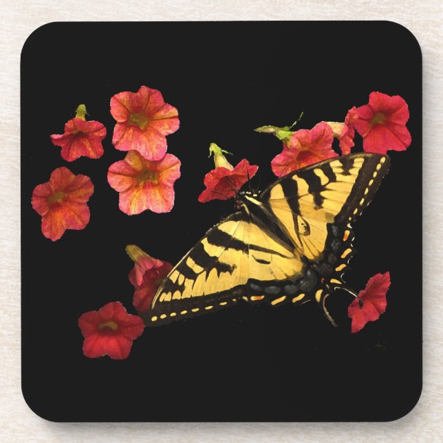Dessous-de-verre Papillon de machaon de tigre sur les fleurs rouges (Devant)