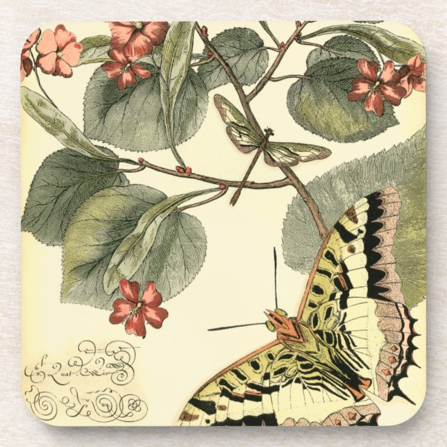 Dessous-de-verre Papillon et libellule à fleurs rouges (Devant)