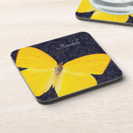 Dessous-de-verre Papillon Jaune Élégant Damassé Noir Ajouter Nom