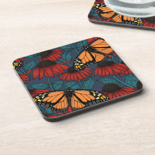 Dessous-de-verre Papillon monarque sur des fleurs rouges