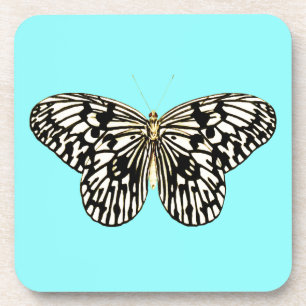Dessous-de-verre Papillon noir et blanc, arrière - plan turquoise