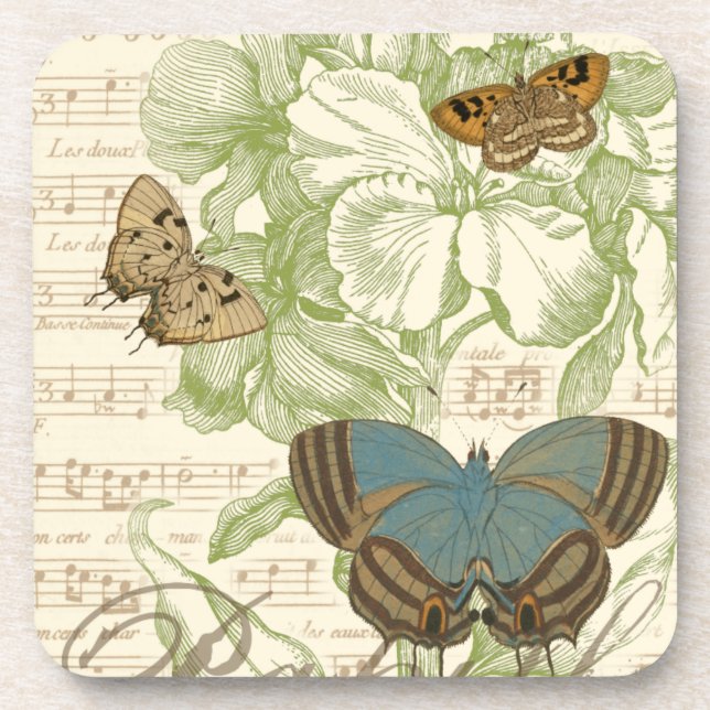 Dessous-de-verre Papillons sur Partition avec Design Floral (Devant)